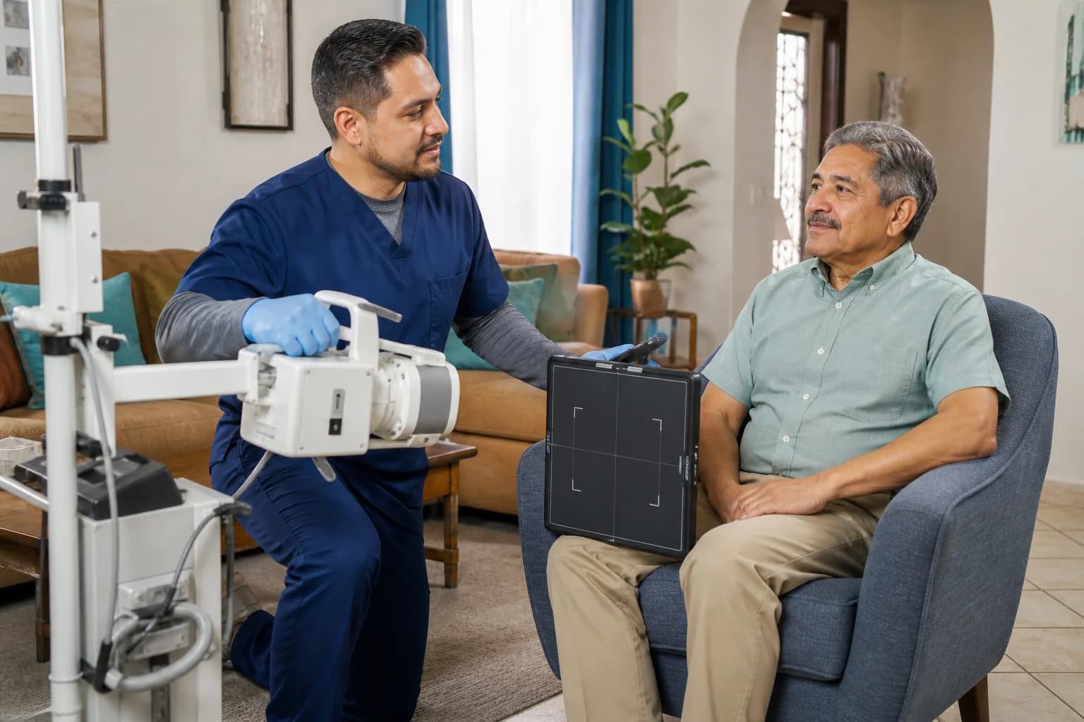 Técnico preparando una radiografía portátil en el domicilio de un paciente